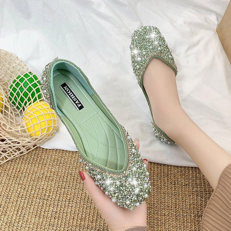 Aichashi Glitter Crystal Pearl Pink Flats Ballet Shoes Women Moccasins Square Toe Slip on Summer Loafers Shallow Ballerina Flats Female