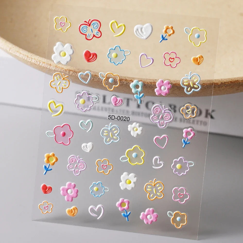 1PC 5D Macaron Flower/Fruit Nail Charms Sticker Embossed Bear/Rabbit/Letter Nails Slider Decals Summer Adhesive Manicure Decor&Y