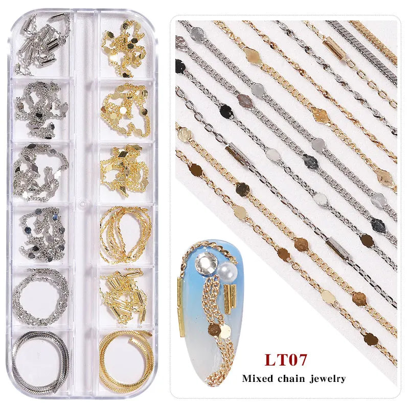 12 Grid Mixed Style Nail Chain Jewelry For DIY Art Decoration Fashion Metal Nails Accessories For Manicure Design