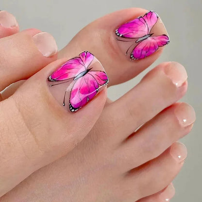 24P Fake Toenails With Glue French Line Glitter False Toe Nails Art Detachable Press On Toenails Acrylic Butterfly ToeNails Tips