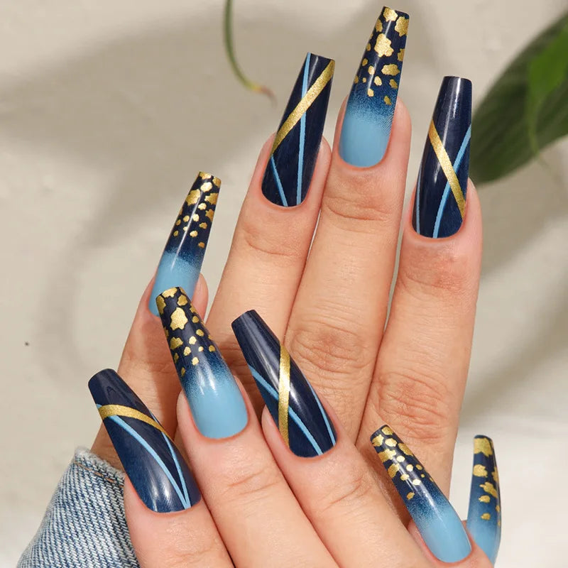 Aichashi 24Pcs blue marble French Fake Nails short Ballet Print Designs False Nails Press on Full Cover Acrylic Nail Tips Manicure Set