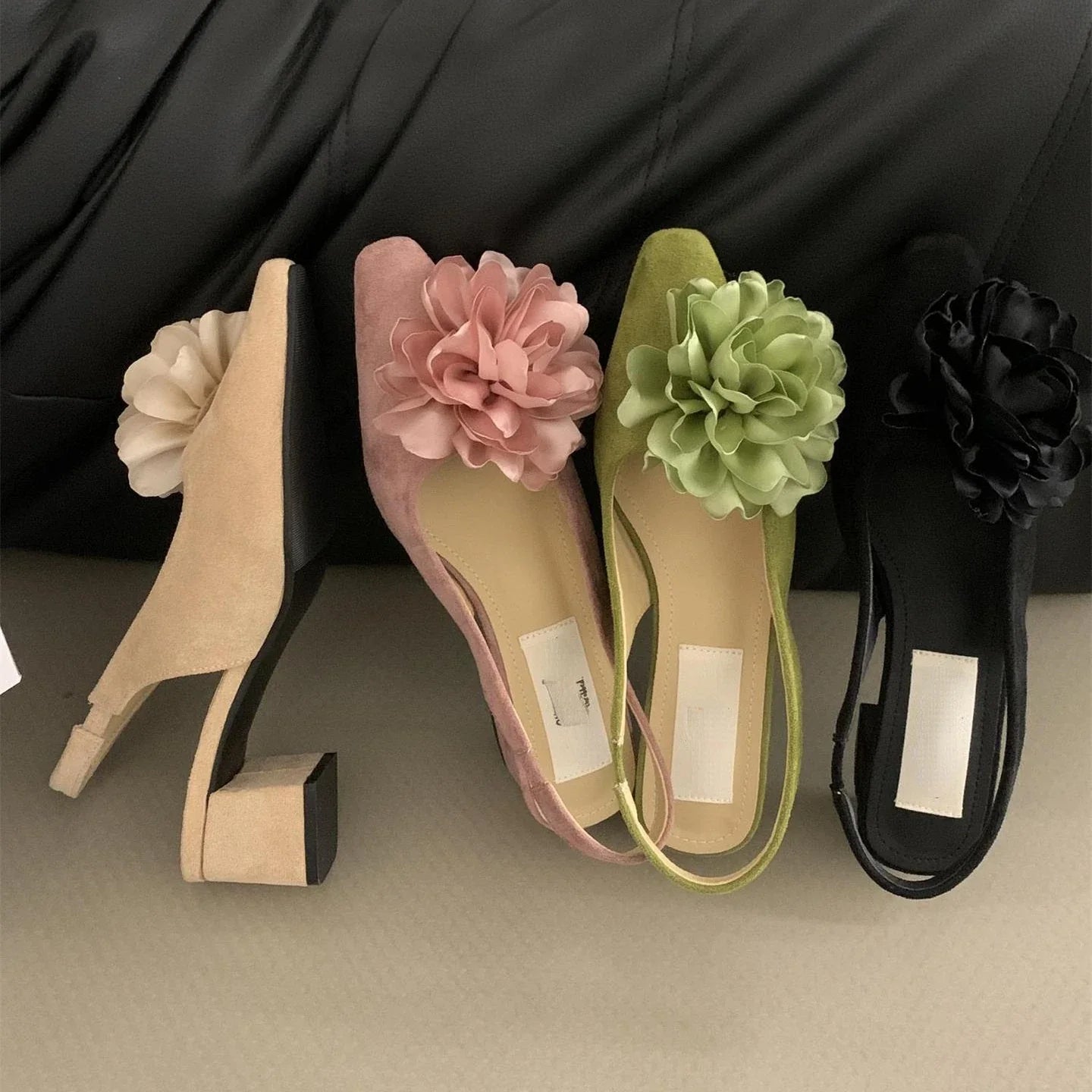 aichashi  -  Flower Chunky Heel Mule Shoes Women Suede Fashion High Heels Green Pointed Toe Low Heel Sandals Flowers Mary Jane Women Pumps