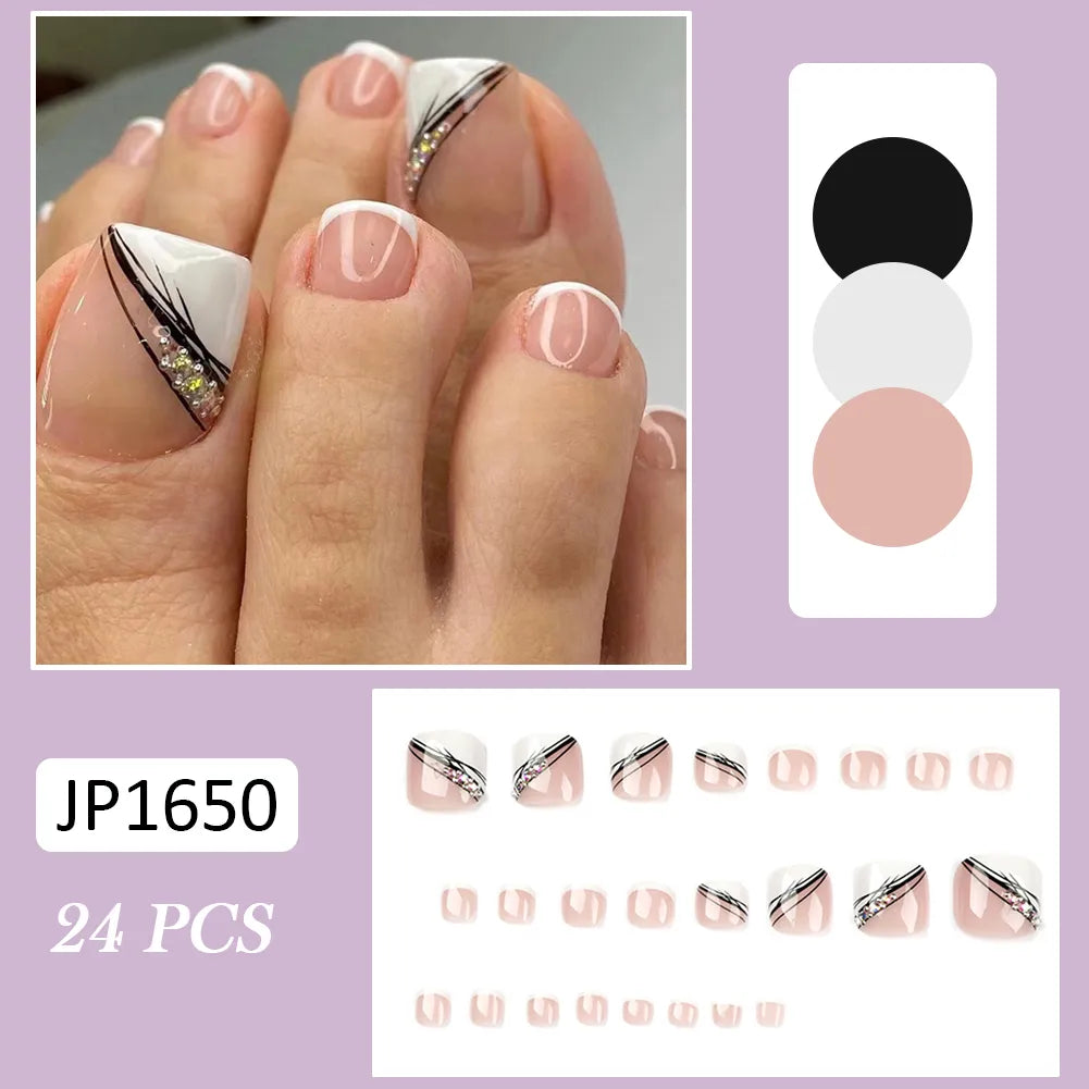 Aichashi False Toe Nails Summer Simple Wearable Fake Toenails Set Press On Nail French Removable Nail Stickers With Glue For Girls 24pcs