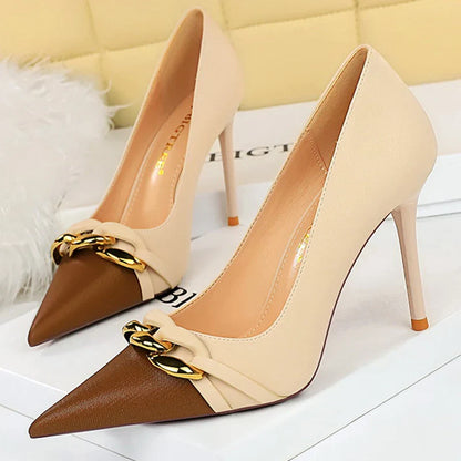 aichashi  -  Shoes Women Pumps Metal Chain Decoration High Heels Mixed Colors Pointed Stilettos Lady Heels Party Shoes Female Pumps