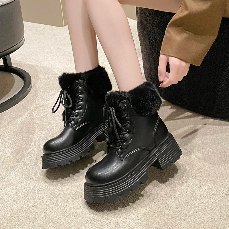 aichashi  -  Winter Fluffy Fur Women Snow Boots Fashion Lace Up Short Booties Comfort Thick Heels Ladies Shoes