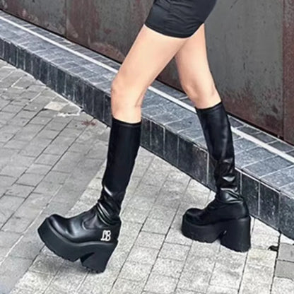 aichashi  -  Round Toe Shoes for Women Wedge Heel Footwear Platform Winter Knee High Shaft Long Ladies Boots Spring on Promotion