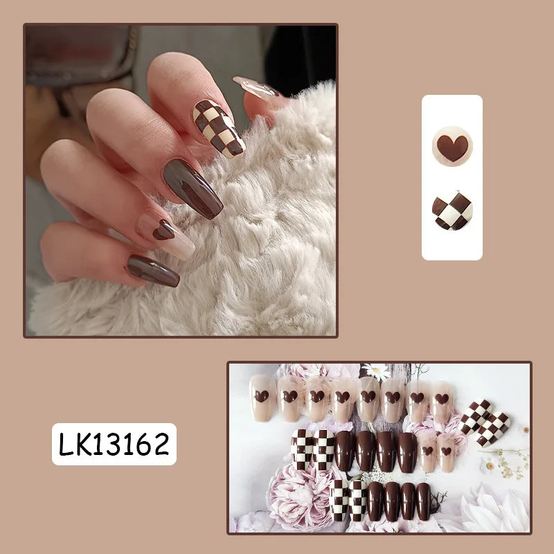 24Pcs Fashion Fake Nails Press on Nail Cute Bear Milk Tea Color Chessboard Grid Pattern Artificial nail Tips with Jelly glue