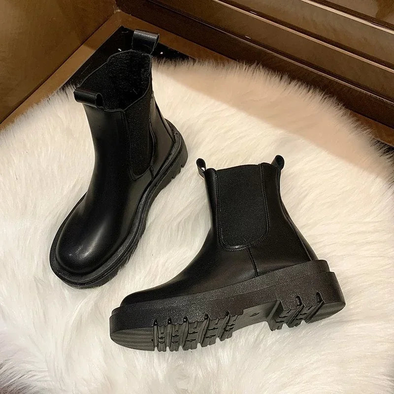 Aichashi Classics Chelsea Boots Women Black Ankle Boots Autumn Winter Shoes Genuine Leather Platform Short Boots Slip on Elastic Band