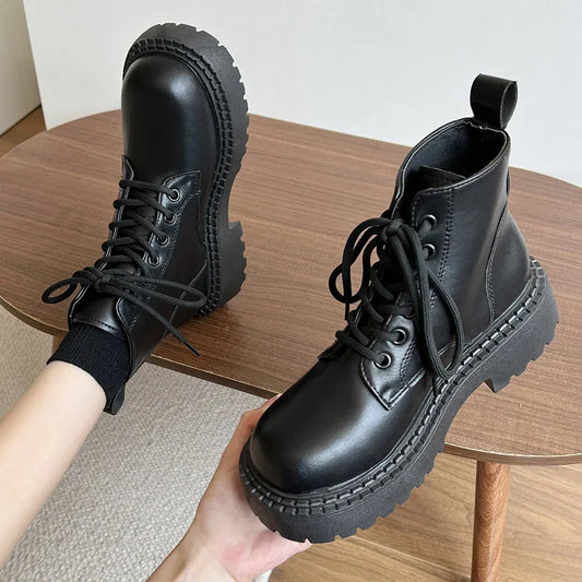 Aichashi Chunky Platform Combat Boots for Women Autumn Winter PU Leather Ankle Booties Women Punk Thick Bottom Non Slip Motorcycle Boots