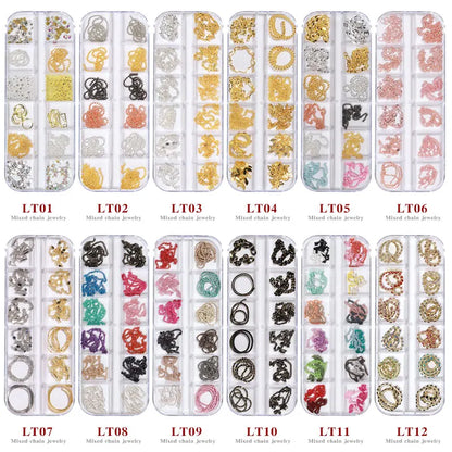 12 Grid Mixed Style Nail Chain Jewelry For DIY Art Decoration Fashion Metal Nails Accessories For Manicure Design