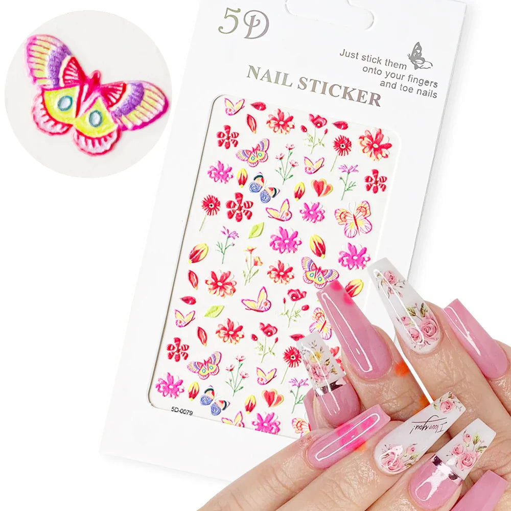 1PC 5D Macaron Flower/Fruit Nail Charms Sticker Embossed Bear/Rabbit/Letter Nails Slider Decals Summer Adhesive Manicure Decor&Y