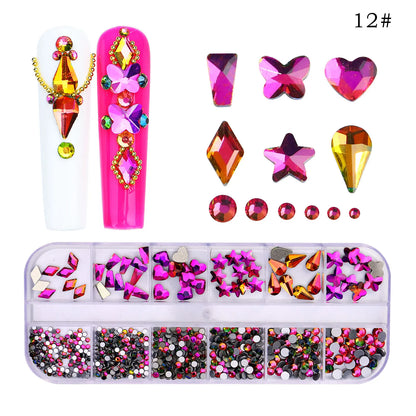 12 Grids/Box Multi-Size Nail Art Rhinestone Decorations AB Crystal Diamond Gems 3D Nails Glitter Glass Non Hotfix Strass Jewelry