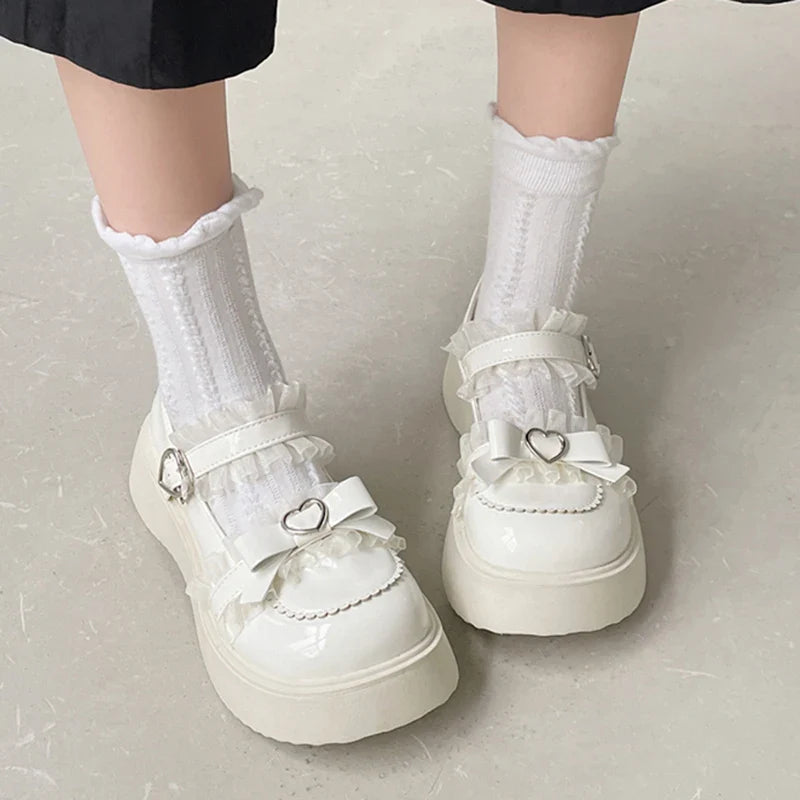 aichashi Kawaii Lace Bowknot White Lolita Shoes Women Heart Buckle Platform Mary Janes Woman Japanese Style Patent Leather Jk Shoes