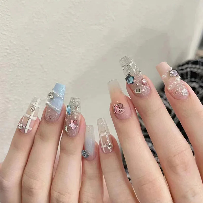 Aichashi Nail Art Fake Nails Long Island Iced Tea Wearing Jiashan Camellia Flower 3D Light Change Love Girl Blush Wearing Press on Nails