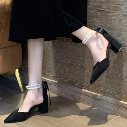 Aichashi Luxury Pearl Strap Square Heels Pumps Women Fashion Pointed Toe Party Shoes Woman Flock Lace Up Shallow Shoes Ladies