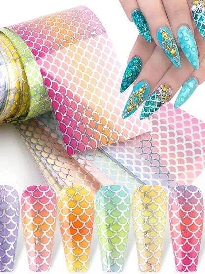 Aichashi 10 Sheets Mermaid Scale Nail Stickers,Mermaid Nail Art Stickers For Women, Colorful Laser Heat Transfer Nail Stickers