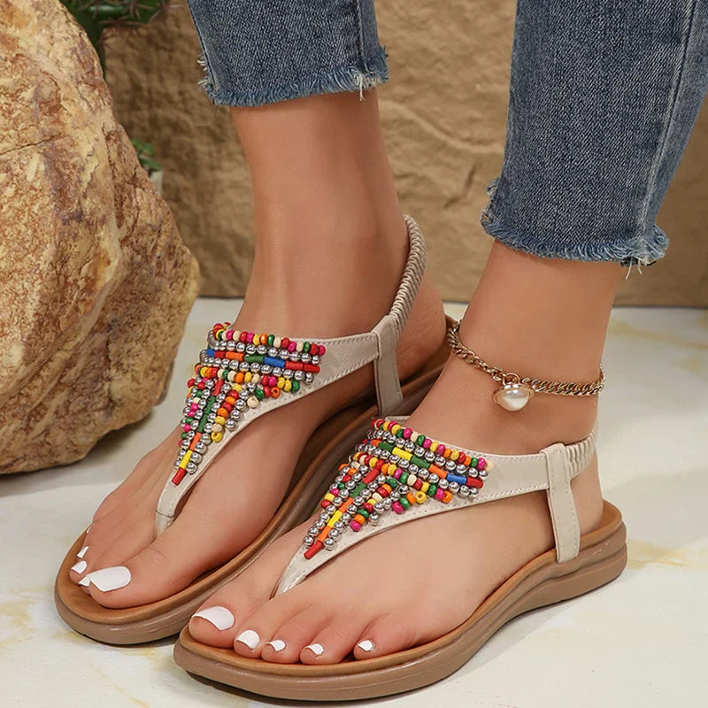 Aichashi Bohemian Style Retro Sandals Women 2024 Summer Clip Toe Flat Gladiator Sandals Woman Fashion Beaded Non Slip Outdoor Flip Flops