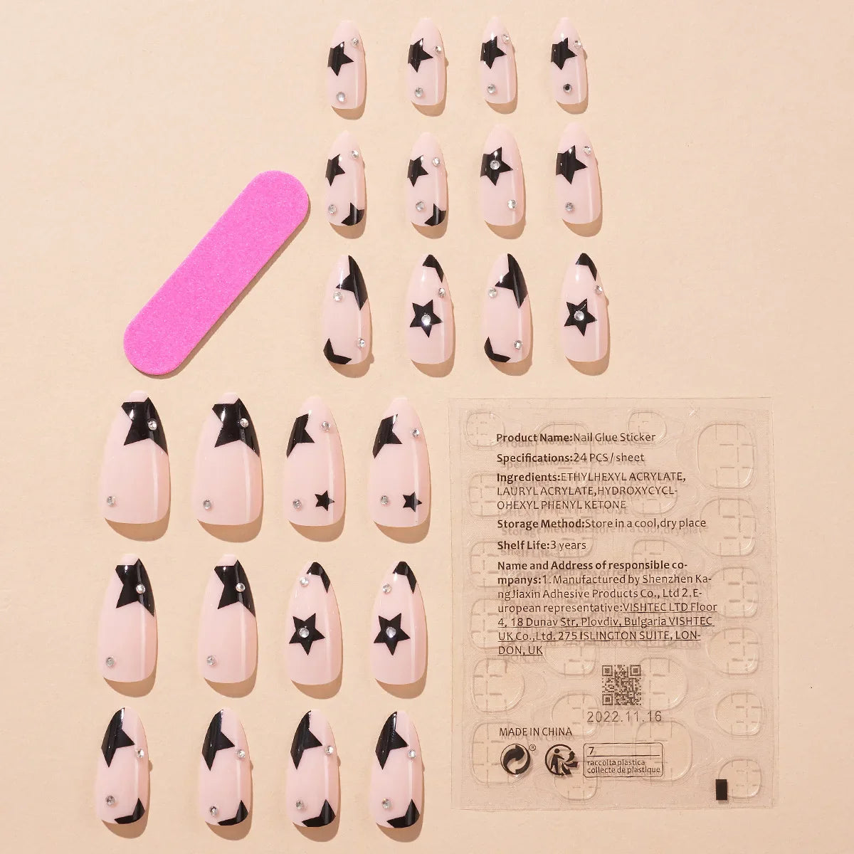 Aichashi 24pcs Black Star False Nail Tips y2k Style Fake Nails Almond False Nail Patch for Girl Women Wearable Full Cover Manicure Tool