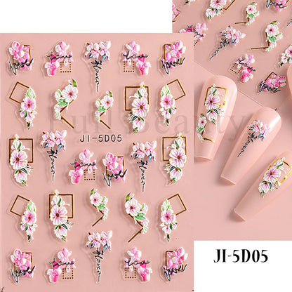 Aichashi 5D Embossed Nail Stickers Flowers Bird Geometric Lines Gold Frame Floral Nail Decals Cherry Blossom Y2K Manicure Decor