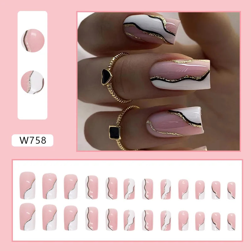 24pcs Gold Foil False Nails Coffin Ballet Matte Fake Nail Patch Full Cover Wearable Women Girl Press on Nail Tips Manicure Sets