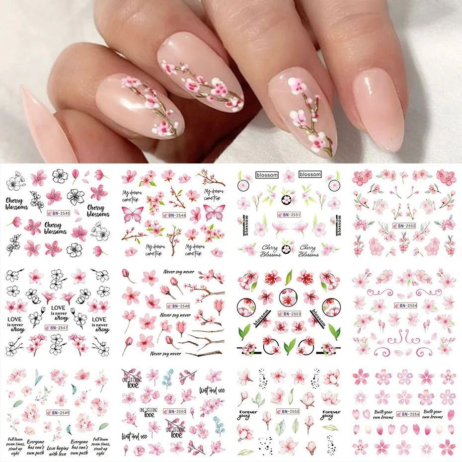 Aichashi 12 Designs Lily Flowers Nail Stickers White Flower Green Leaf Geometric Line Sliders Spring Floral Water Transfer Decals Slider