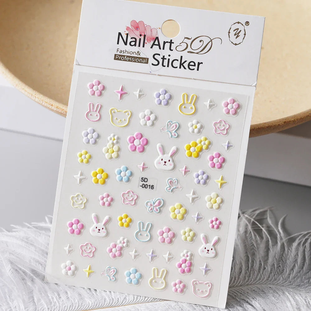 1PC 5D Macaron Flower/Fruit Nail Charms Sticker Embossed Bear/Rabbit/Letter Nails Slider Decals Summer Adhesive Manicure Decor&Y