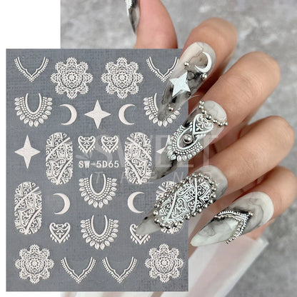 Aichashi 5D Embossed Filigree Stickers Nail Design Brown White Lace Necklace Adhesive Nail Decals Star Moon Carved Decor Sliders SASW-5D