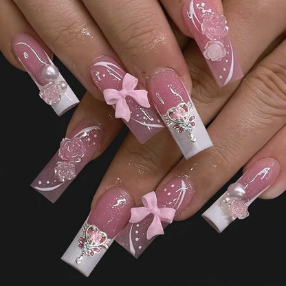 Aichashi Detachable Square Head False Nails with Bow Butterfly Design Press on Fake Nails Wearable Pink French Glitter Artificial Nails