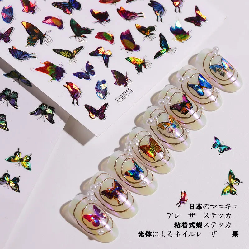 1Sheet Laser Color Butterfly Nail Art Stickers Holographic 3D Gradient Butterflies Adhesive Nail Decals DIY Manicure Decorations