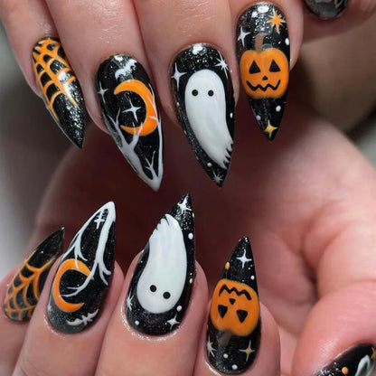 Aichashi New Halloween Fake Nails Patch Black Almond/Coffin Head Artificial Nail Tips Pumpkin Spider Ghost Printed Press on Nail for Girl