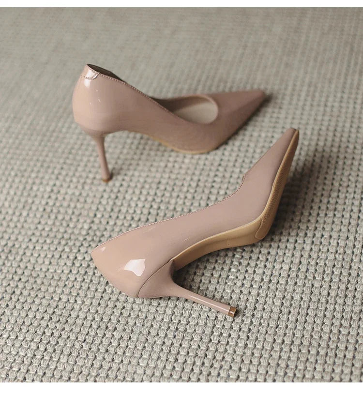 Aichashi Autumn New Nude Lacquer Leather High Heels with Thin Heels Versatile Pointed Shallow Mouth Single Shoes