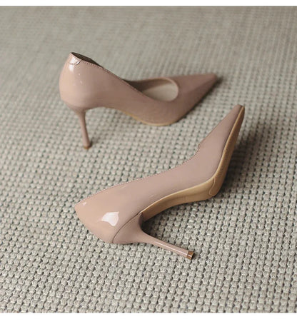 Aichashi Autumn New Nude Lacquer Leather High Heels with Thin Heels Versatile Pointed Shallow Mouth Single Shoes