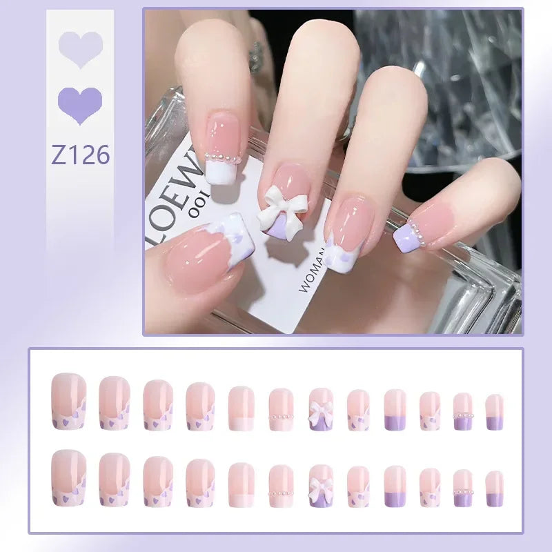 Aichashi 24pcs/box Fake Nails Press on Reusable with Designs Set French Artificial Aurora Diamond False Tipsy Stick-on Nails Tips Art