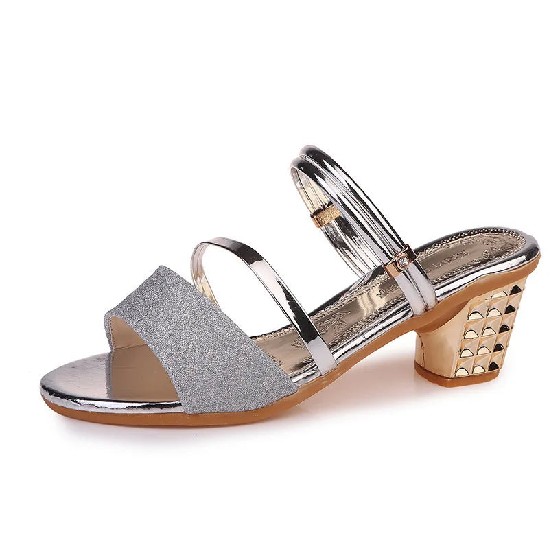 Aichashi New Fashion Gold Women Shoes Slippers Sliver Summer High Heels Low Block Square Middle Heel Shoe Fashion Female Sandals