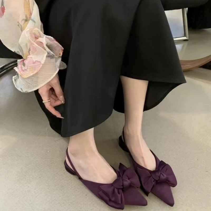 Aichashi New Summer Luxury Bow Tie Purple Sandals for Women Silk Fairy Style Pointed Flat Bottomed Singles Shoes French Flat