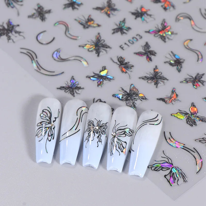 Aichashi 1PCS Black White Butterfly Laser Nail Stickers Y2K Nail Art Decoration Abstract Lines Bronzing Flowers Stickers For Nails