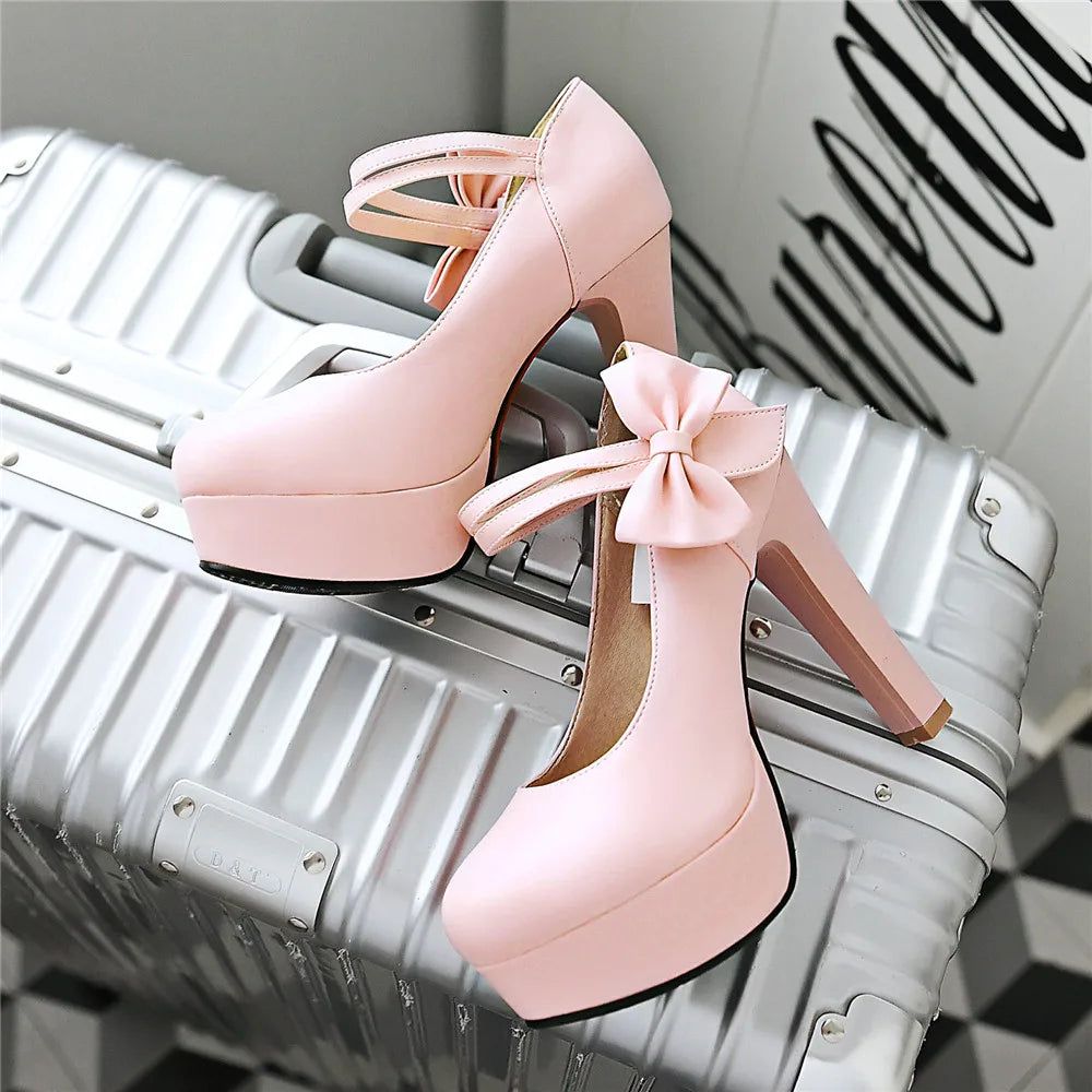 aichashi  -  Spring High Heels Women Platform Pumps Ankle strap Shallow Mouth Single Shoes Bow Ladies High Heels White Wedding Women Shoes