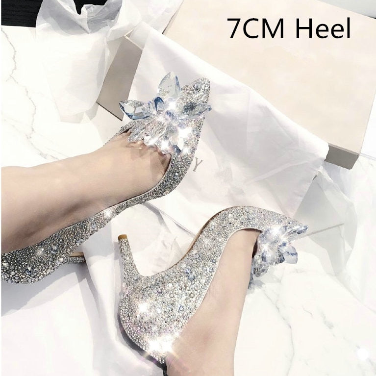 Aichashi Cinderella Shoes Rhinestone High Heels Women Pumps Pointed toe Woman Crystal Party Wedding Shoes 5cm/7cm/9cm