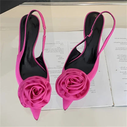 aichashi  -  Sweet Silk Slingback Pointed Toe Women Pumps Summer Fashion Flowers Design Sandals for Women Luxury Thin High Heels Party Shoes