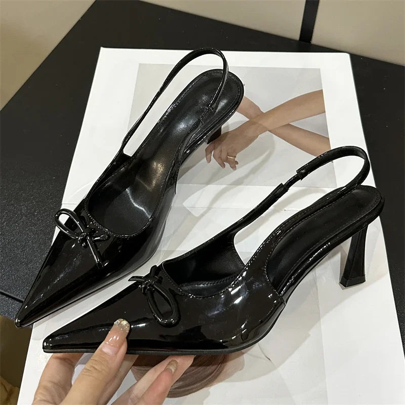 aichashi  -  Fashion patent leather Pointed bowknot Decoration New Women's Sandals Summer Slingback High Heels Shoes Pumps Mules