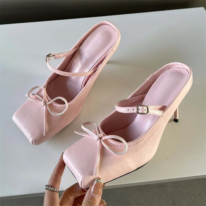 aichashi  -  Sexy Square head Thin Heels Wedding Banquet Dress Mule Ladies Shoes Designer Bowknot Buckle Strap Pumps Women