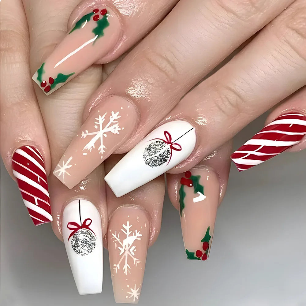 aichashi New Christmas Fake Nails Cute Elk Snowflake Pattern Red Color Press on Nails Artificial Nails Tip Christmas Gifts for Girls