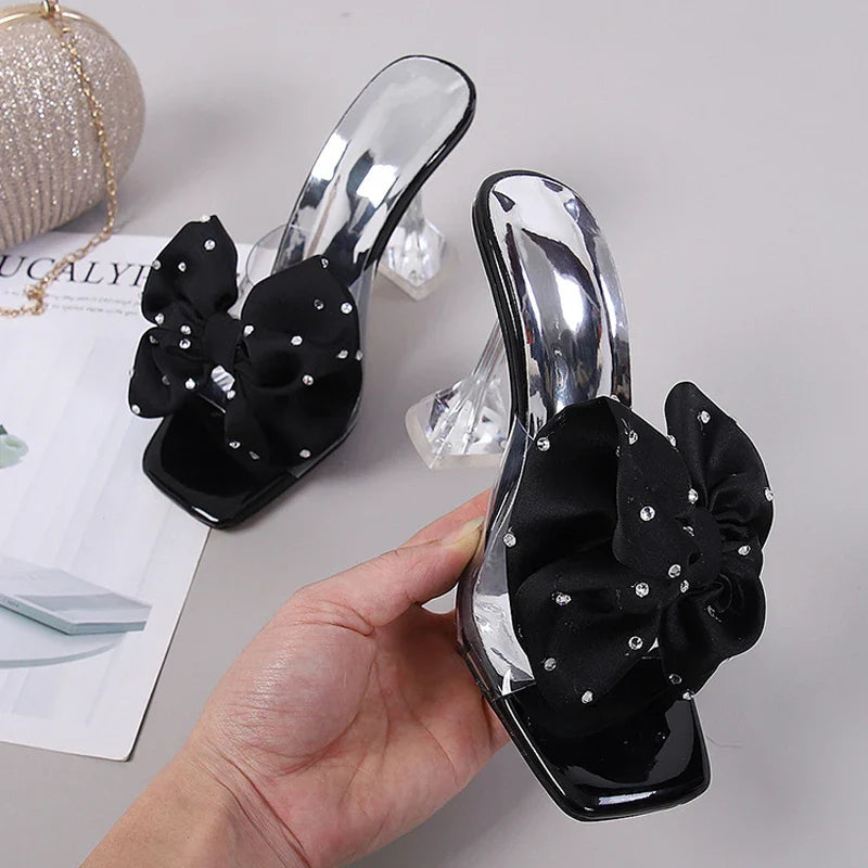 aichashi  -  Fashion Crystal Bow High Heels Slippers Shoes for Woman Sexy PVC Transparent Sandals Women Slides Open Toe Pumps Blue Black