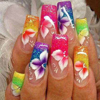 24Pcs Colourful Clouds False Nails Short Ballet Coffin with French Design Wearable Fake Nails Artificial Press on Nail Tips Art