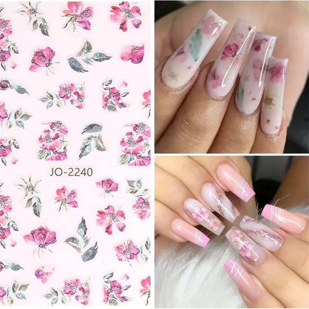 Aichashi 9PCS Spring Flower Nail Art Stickers, Holographic Ink Painting Flower Leaves Nail Transfer Decal Design Girls Nail Pendant