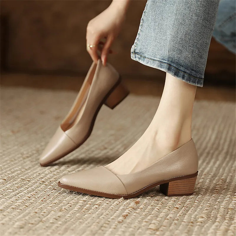 Aichashi New Spring/Summer Women Shoes Pointed Toe Chunky Heel Shoes for Women Handmade Genuine Leather Women Pumps Zapatos De Mujer