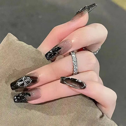 Aichashi Black Square Press On Nails with 3D Cross Designs - Full Cover Acrylic False Nails for Women and Girls Detachable Long Fake nail