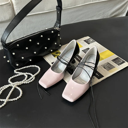 aichashi  -  Square-toed Mary Jane Shoes Women Pumps Mixed Colors Designer Slingback Shoes Female Retro Ankle Straps High Heels Mary Jane