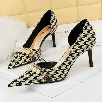 aichashi  -  Shoes Checked Grain Women Pumps Quality High Heels Pearl Chain Design Women Heels Stilettos Luxury Banquet Shoes