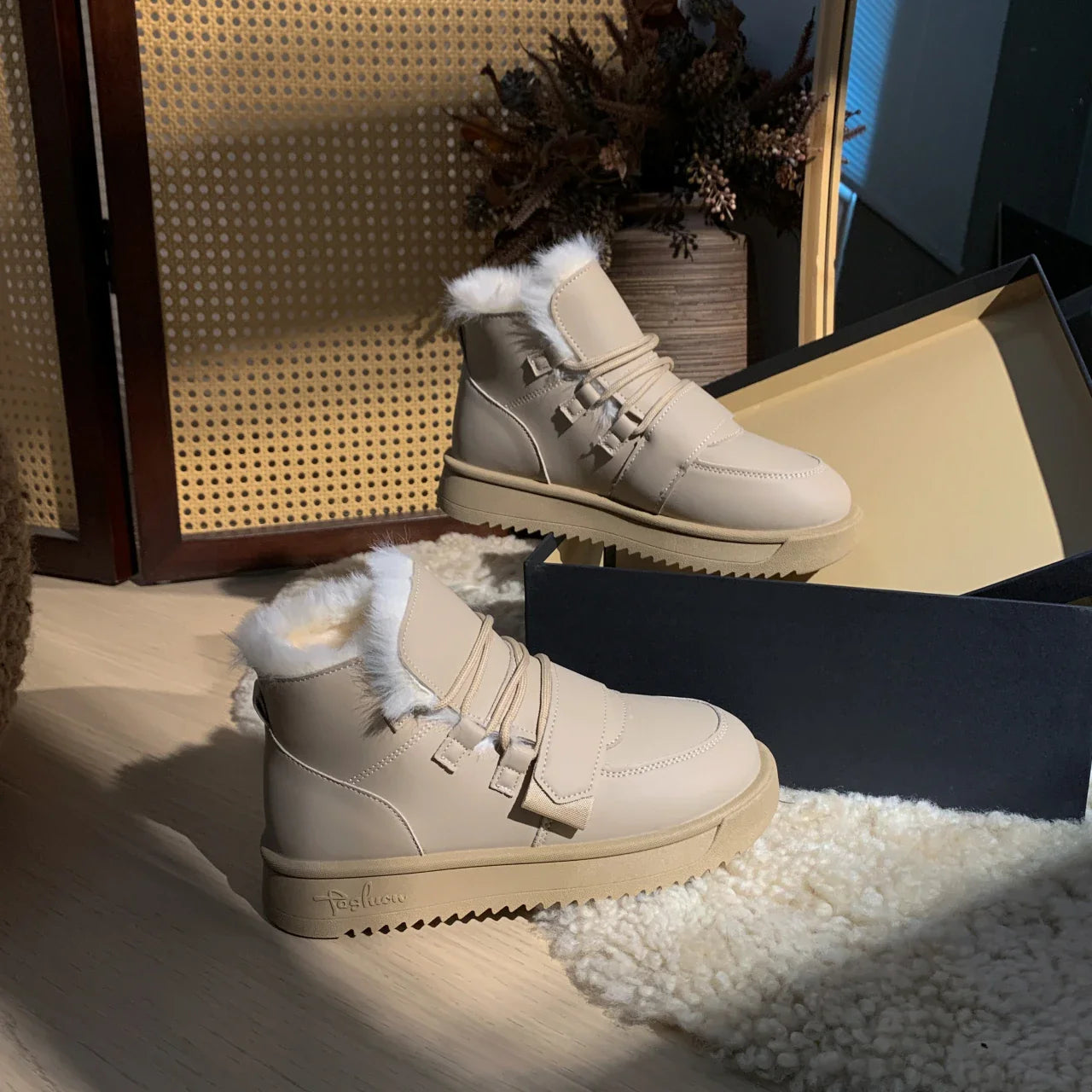 aichashi  -  autumn winter snow boots for women casual lace up and plush thick warm sponge cake thick sole high top low cut cotton shoes